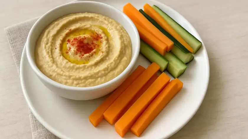 Hummus con bastones de zanahoria y pepino