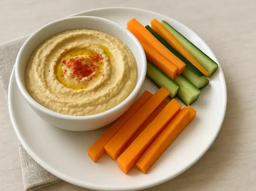 Hummus con bastones de zanahoria y pepino